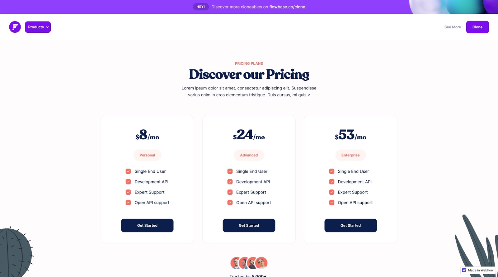 screenshot of Webflow pricing component project