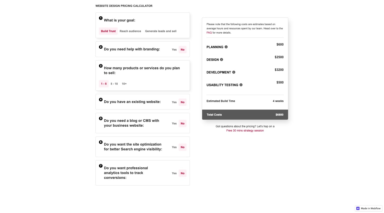 Client pricing calculator made in Webflow