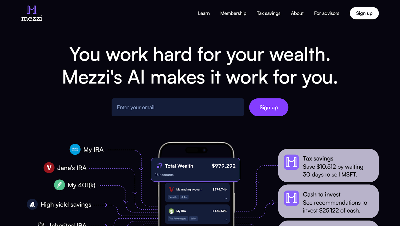 Mezzi’s landing page, with an “Enter your email” form and a “Sign up” CTA button.
