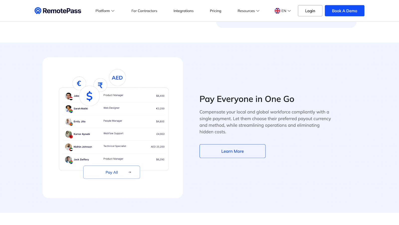 RemotePass’ website, with the CTA “Pay Everyone in One Go” and a visual of the platform’s dashboard.