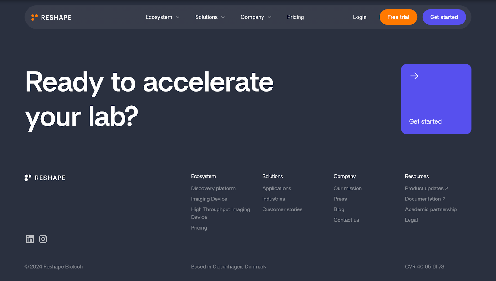 Reshape Biotech’s footer with the CTA “Ready to accelerate your lab?” and CTA buttons labeled “Free trial” and “Get started.”