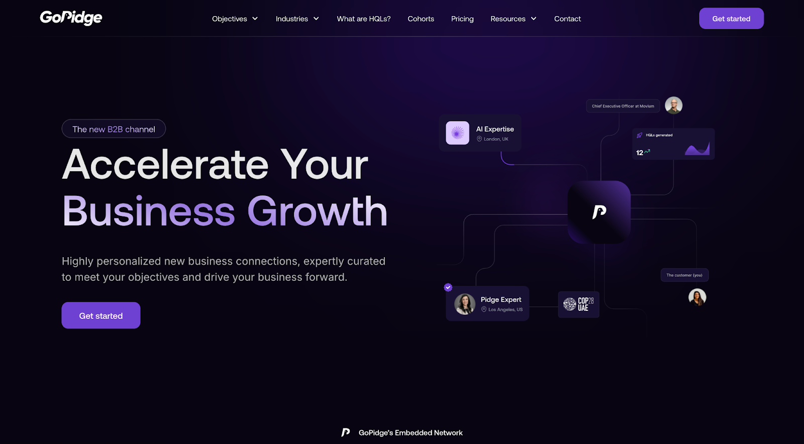 GoPidge’s website, with an animated CTA that uses rotating text to appeal to a range of business needs.