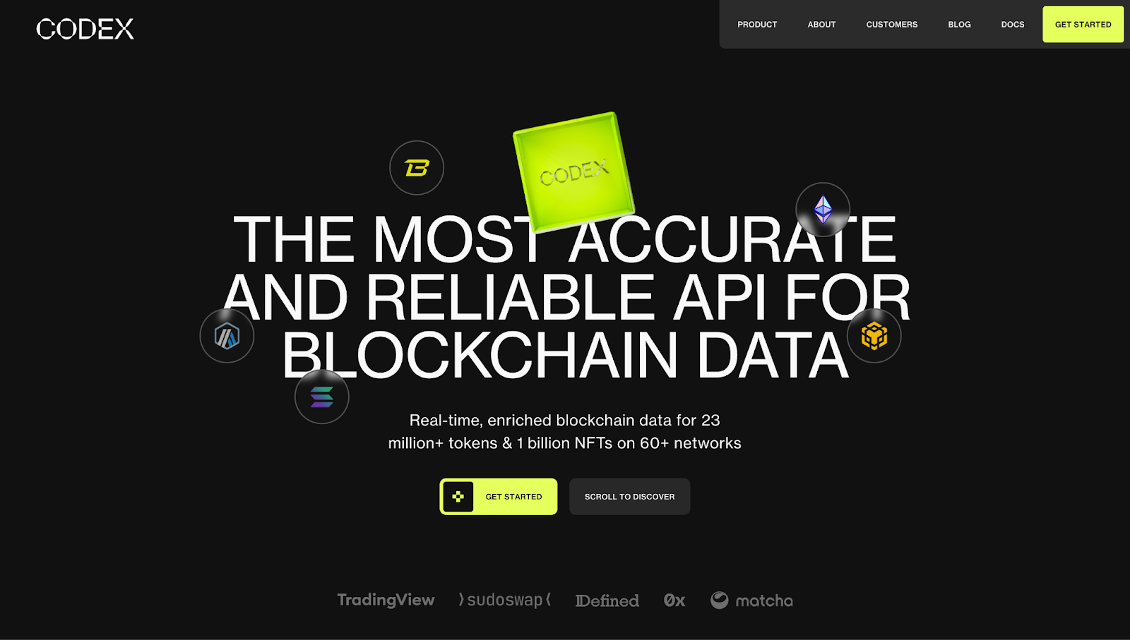 Codex’s homepage, with the text “The most accurate and reliable API for blockchain data.”