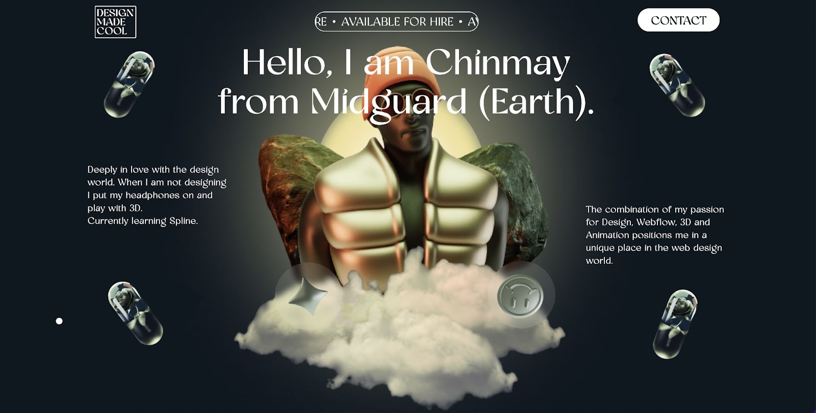 Design Made Cool website, featuring a 3D illustration of a man with a chrome effect. Large text "Hellow, I am Chinmay from Midguard (Earth)."