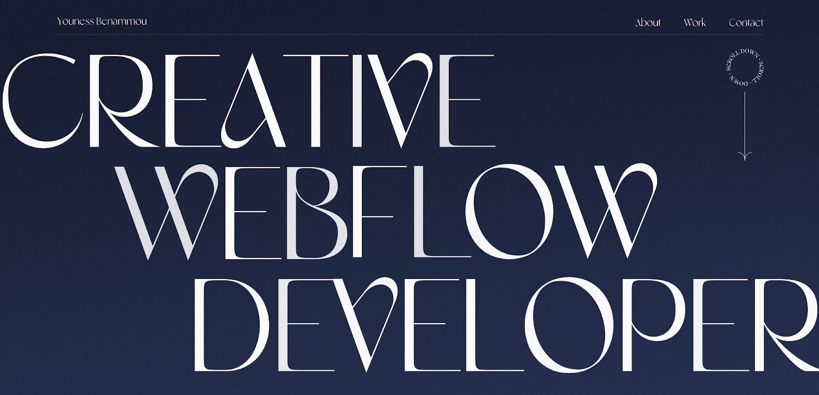 Webtimise homepage. Dark navy background and large white text "Creative Webflow Developer."