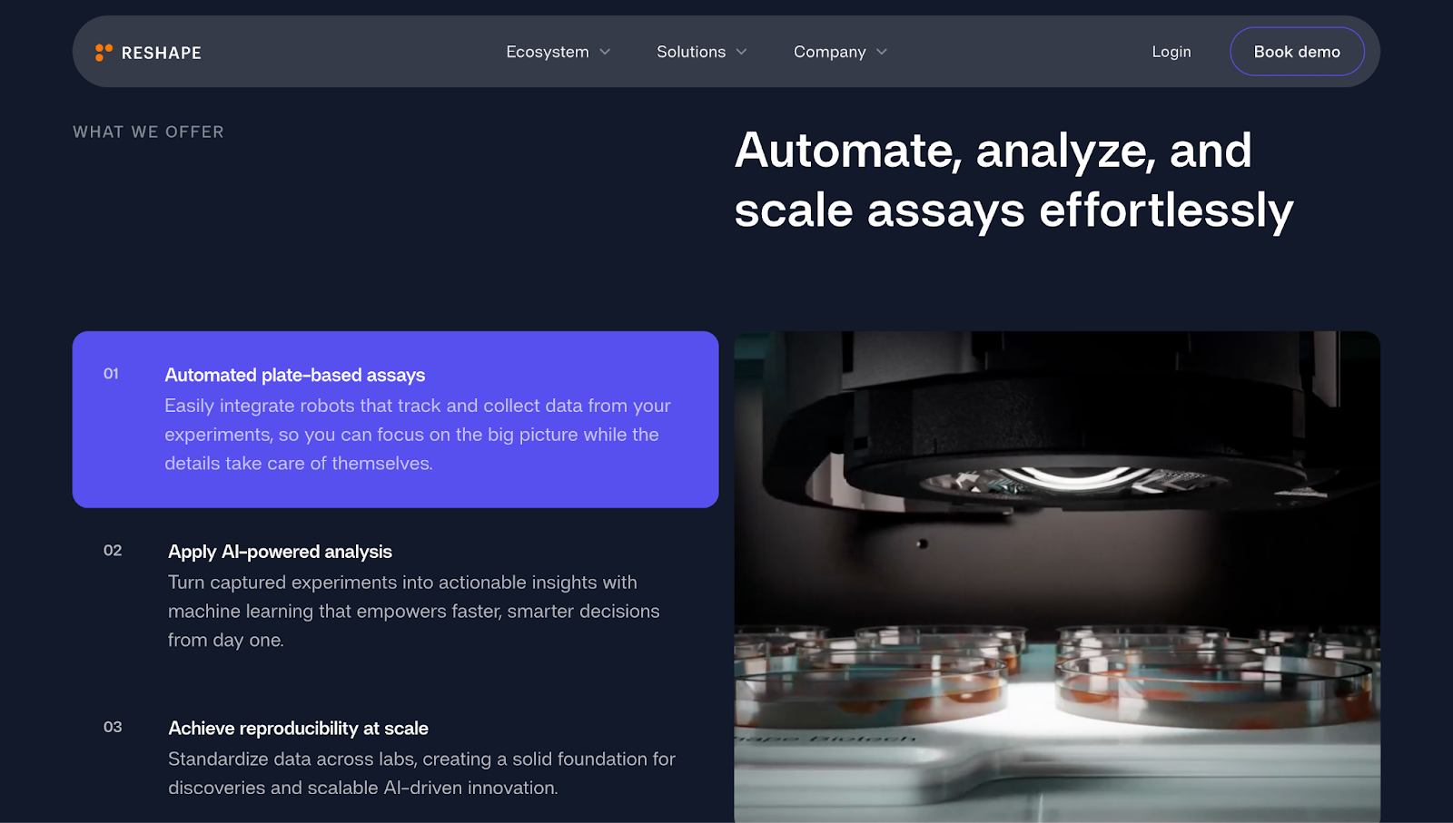 Reshape Biotech’s website, with the CTA “Automate, analyze, and scale assays effortlessly” and supporting video content.
