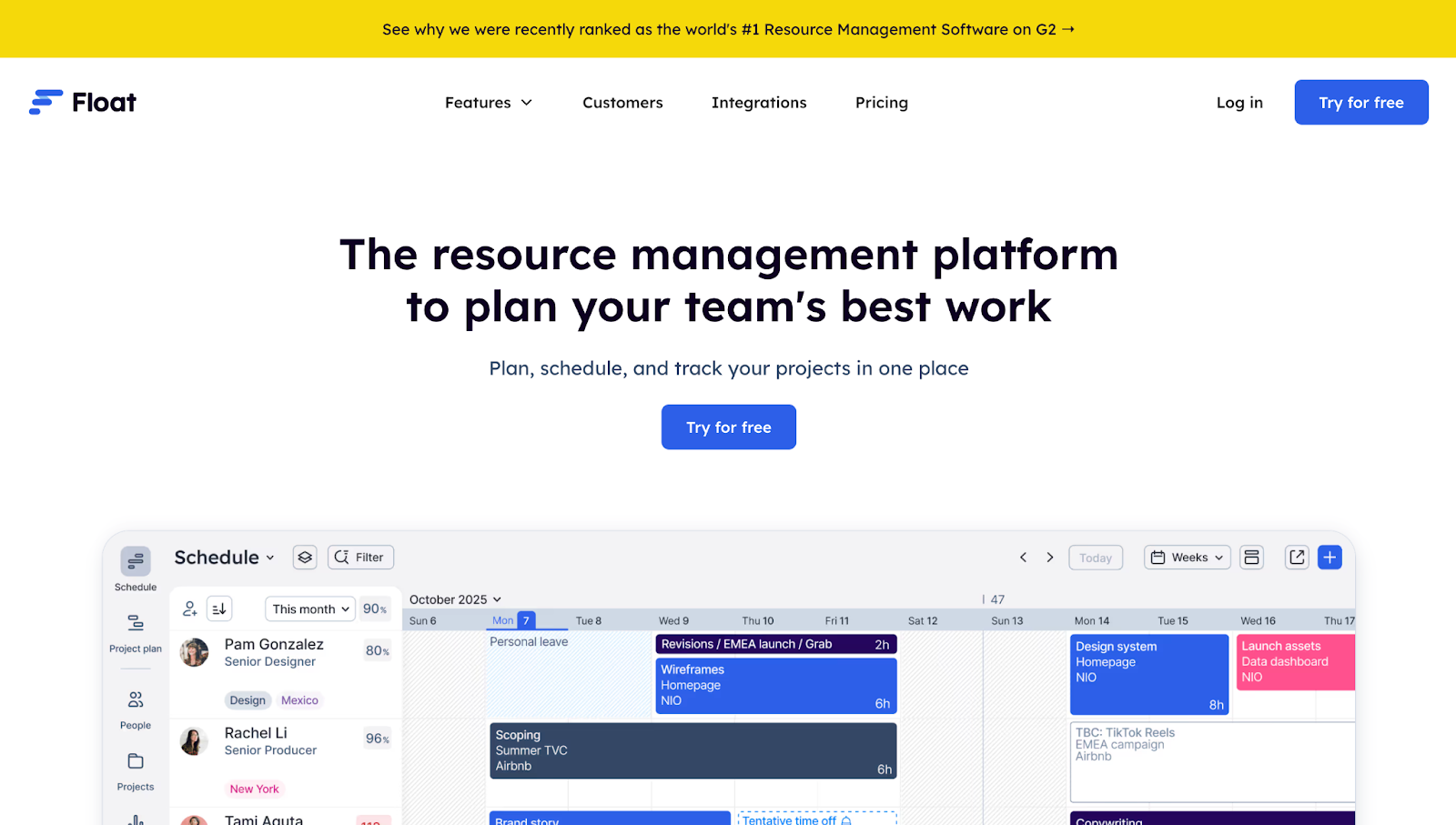 Float’s landing page, with a yellow pencil-banner CTA and a “Try for free” CTA button.