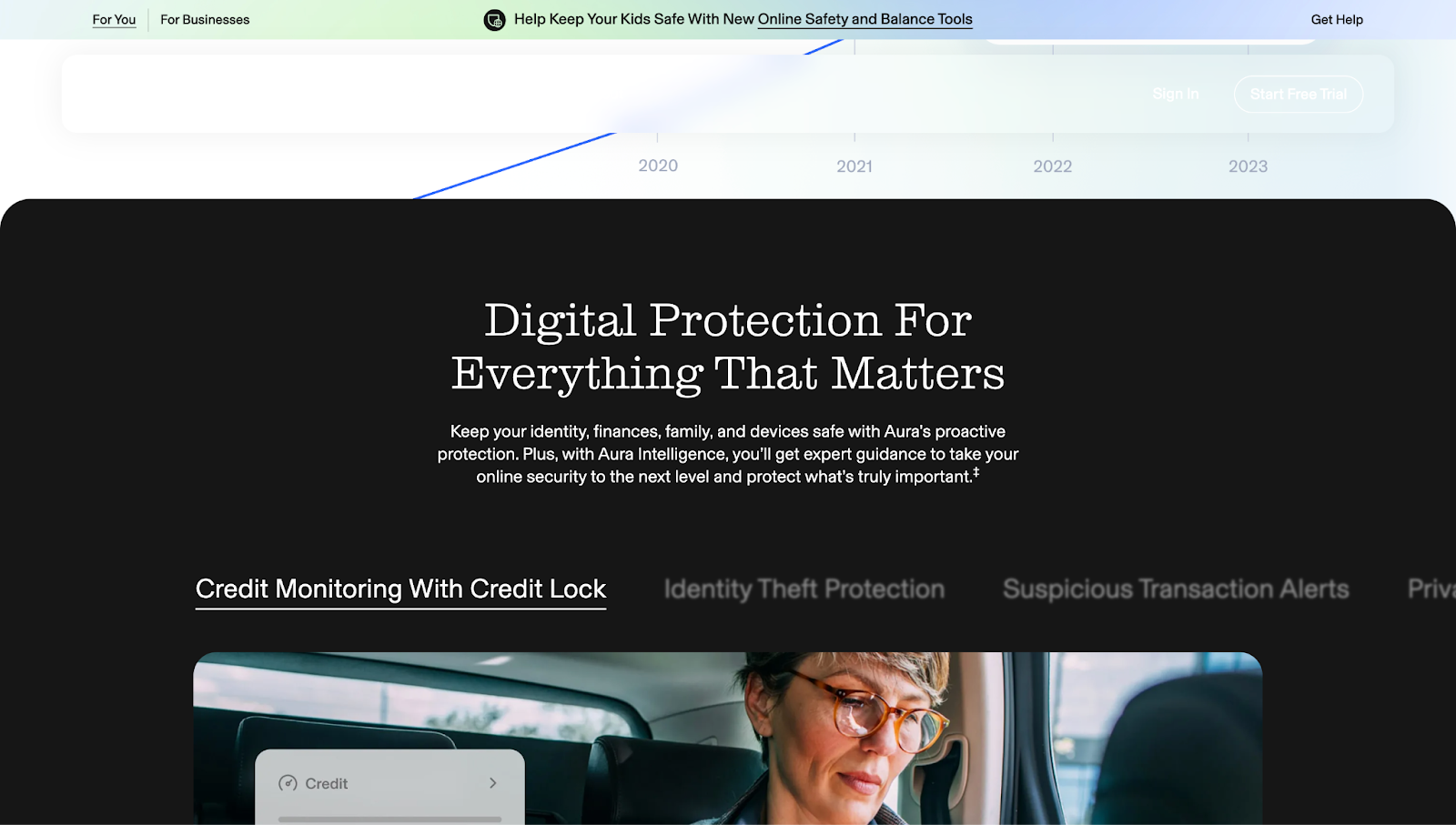 Aura’s website, with the text “Digital Protection For Everything That Matters.”