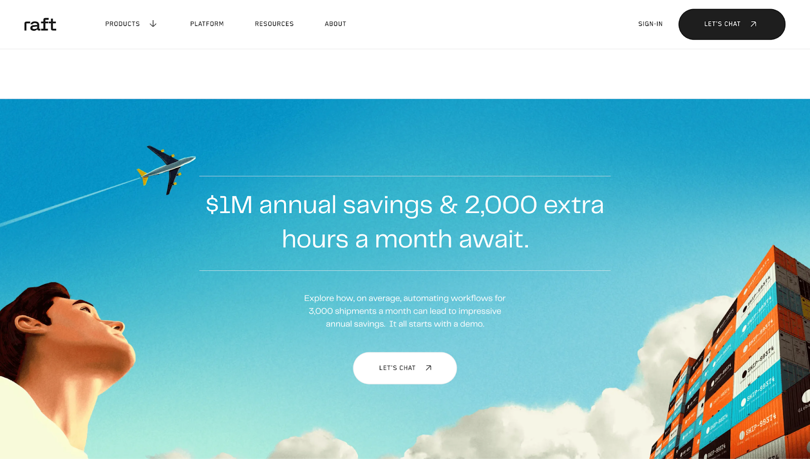Raft’s website, with the text “$1M annual savings & 2,000 extra hours a month await” and a CTA button that says “Let’s chat.”