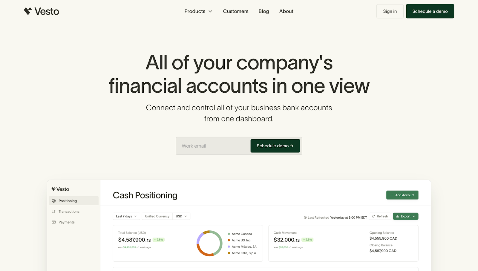 Vesto’s website, with the text “All of your company’s financial accounts in one view” and a visual of Vesto’s UI.