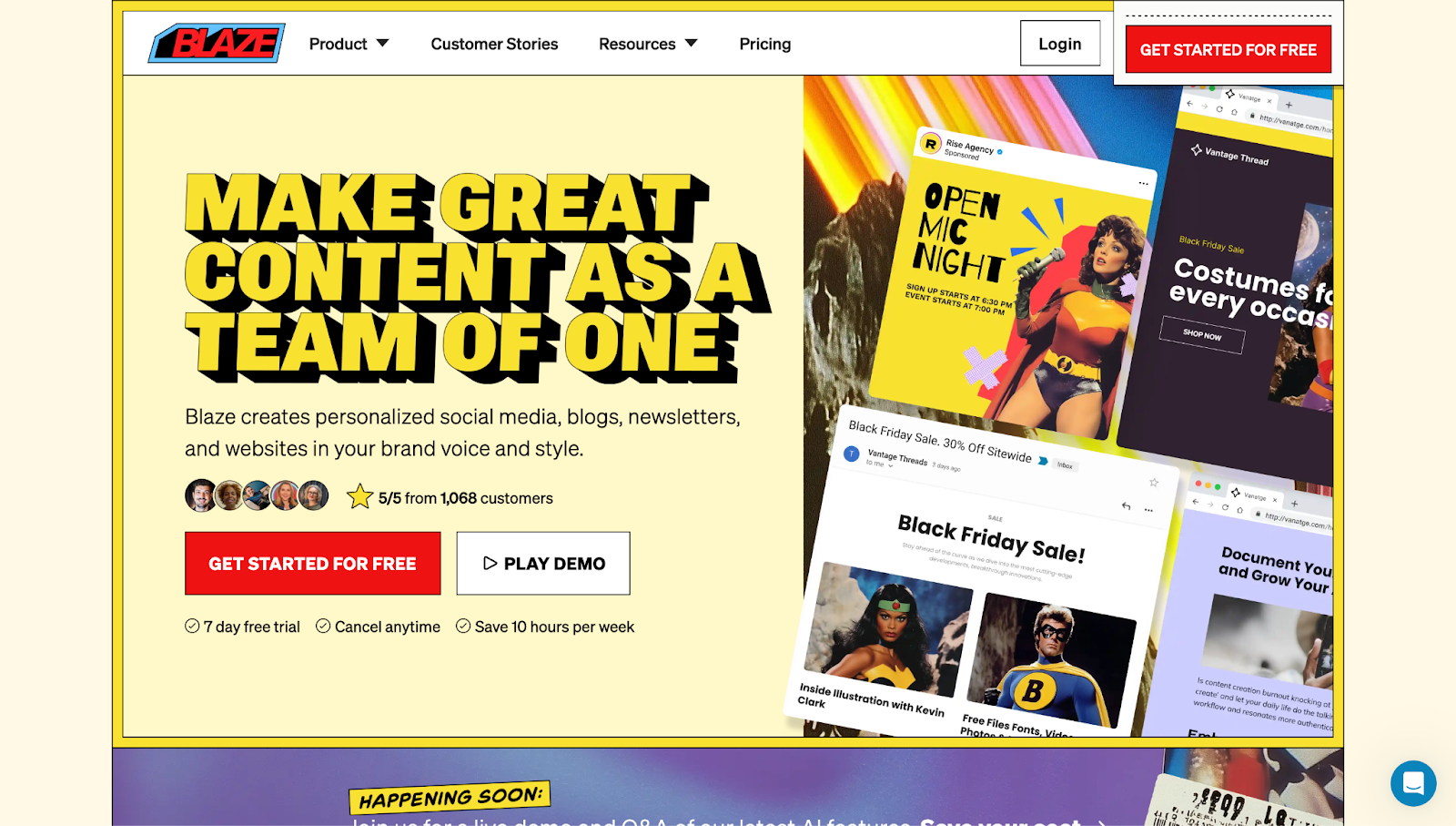 Blaze’s website, with a comic book-style appearance and the CTA “Make great content as a team of one.”
