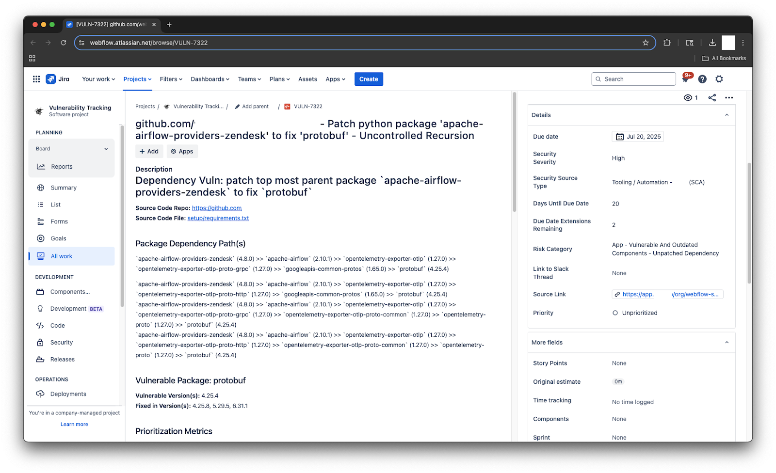 An example of a Jira ticket created by the SCA scanner