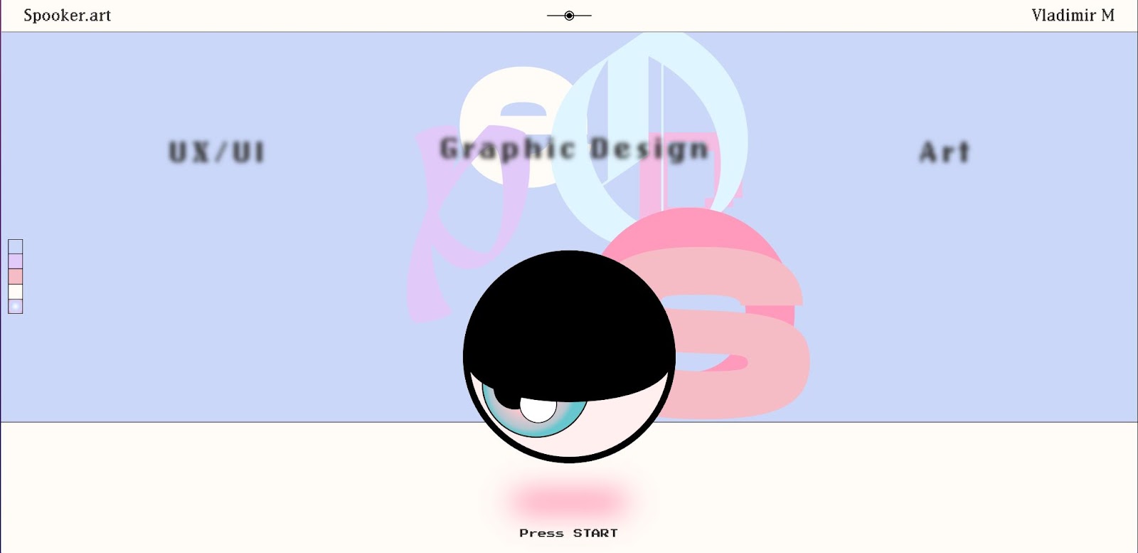 Spooker Design homepage showing 5 color options on the left side. Big, animated eyeball in the middle of page.