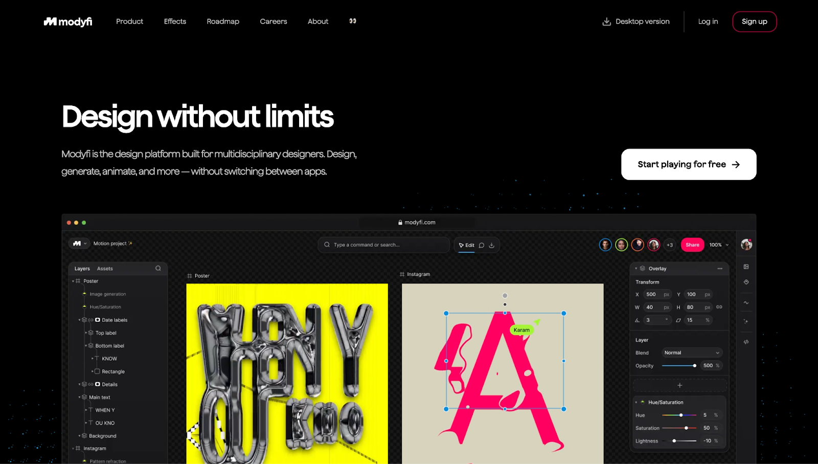 Modyfi’s website, with the CTA “Design without limits” and a visual of the tool in action.