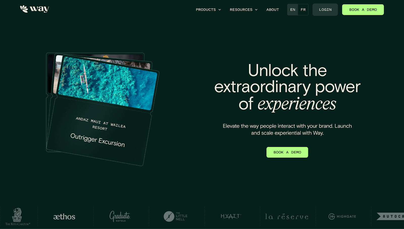 Way’s website with scrapbook-style stickers next to the CTA “Unlock the extraordinary power of experiences.”