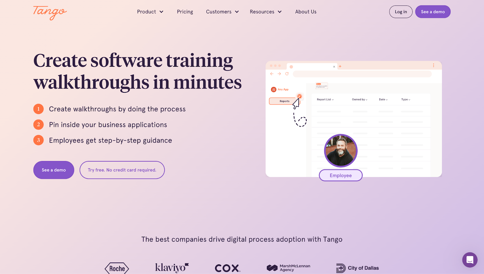 Tango’s website, with the CTA “Create software training walkthroughs in minutes” next to a visual of the tool in action.