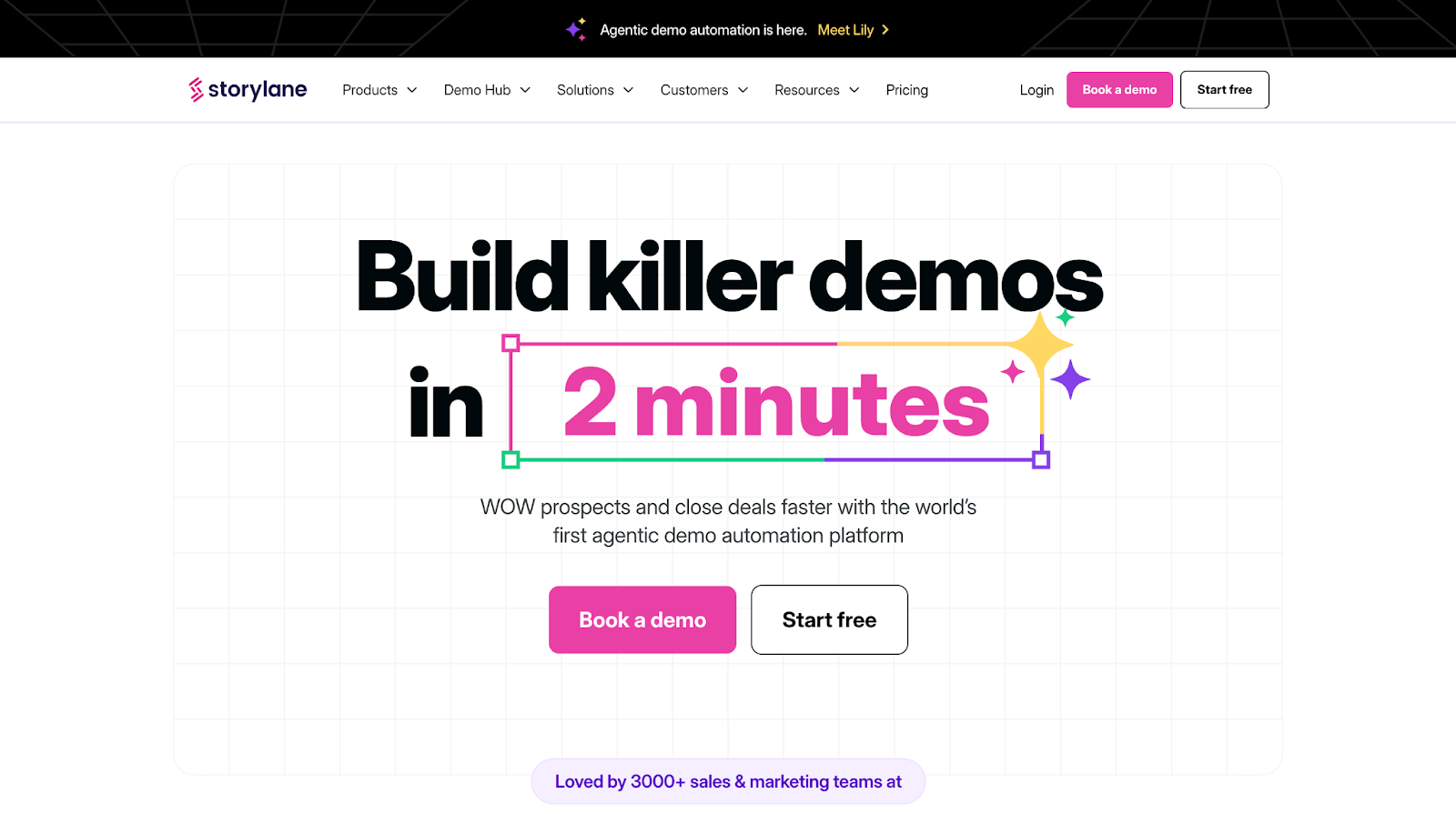 Storylane’s website, with the CTA “Build killer demos in 2 minutes” with “2 minutes” surrounded by a container-like design in different colors.