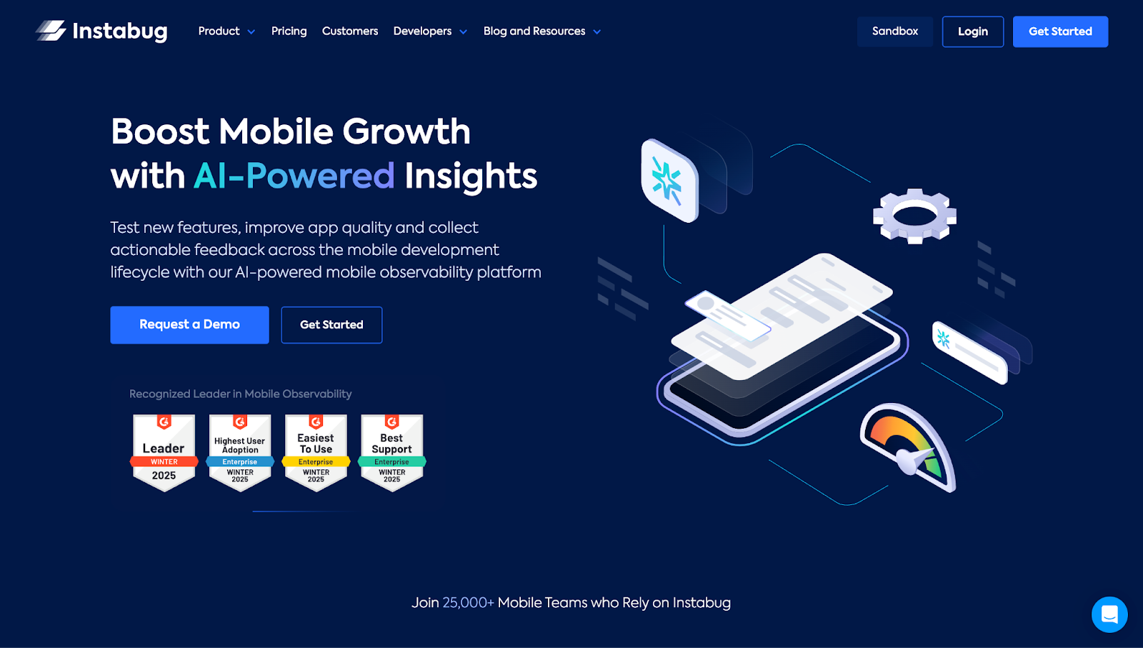 Instabug’s website, with the CTA “Boost Mobile Growth with AI-Powered Insights” and a visual of floating elements above a phone.