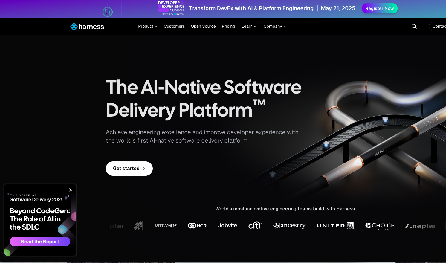 Harness’ website, with the text “The AI-Native Software Delivery Platform™.”