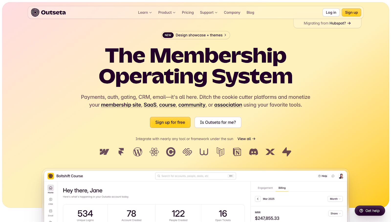 Outseta’s website, showing the text “The Membership Operating System” against a yellow-pink gradient with descriptions, CTA buttons, and client logos.