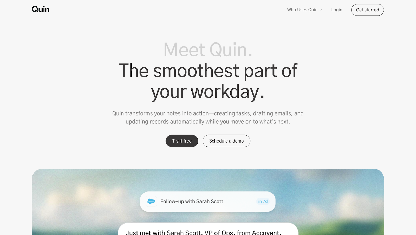 Quin’s website, with the text “Meet Quin. The smoothest part of your workday.”