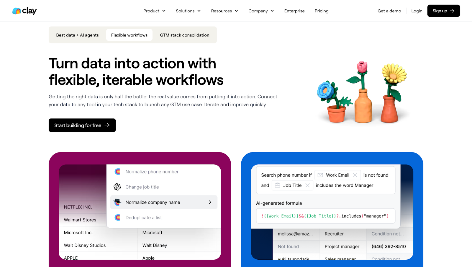 Clay’s website, with the CTA “Turn data into action with flexible, iterable workflows.”