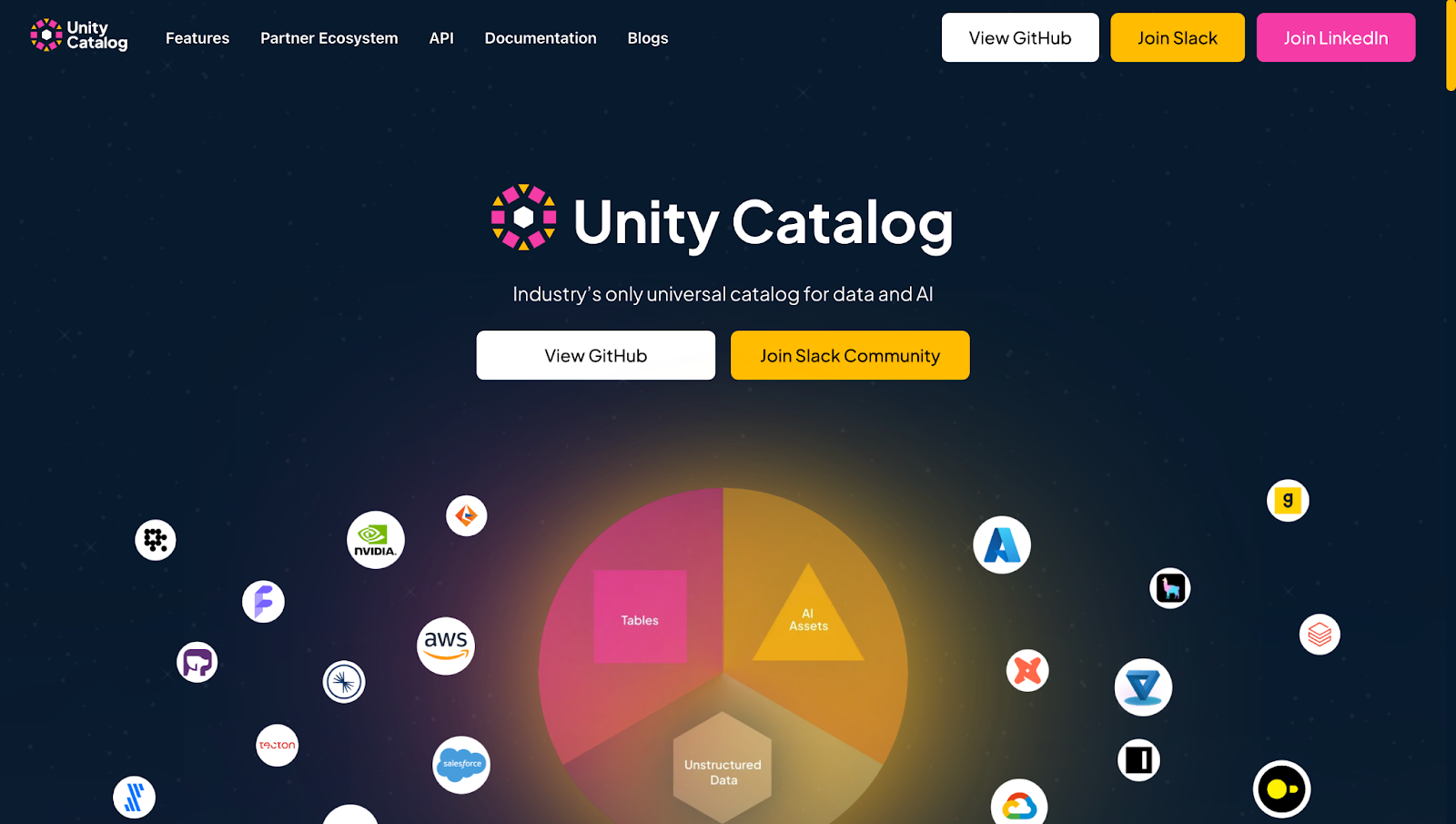 Unity Catalog’s website, with the text “Industry's only universal catalog for data and AI” and two CTA buttons.