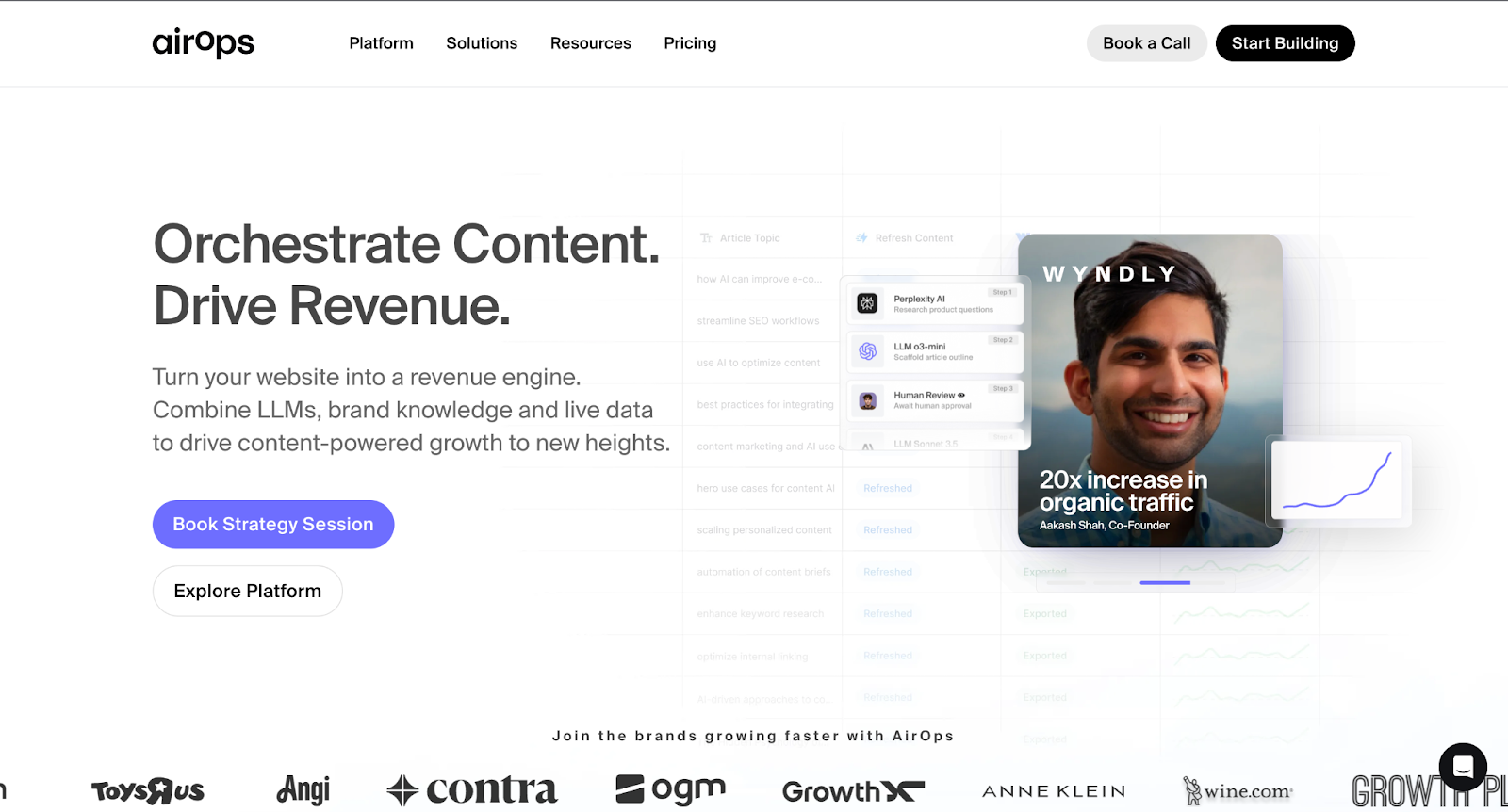 AirOps’ website, with the CTA “Orchestrate Content. Drive Revenue.” 