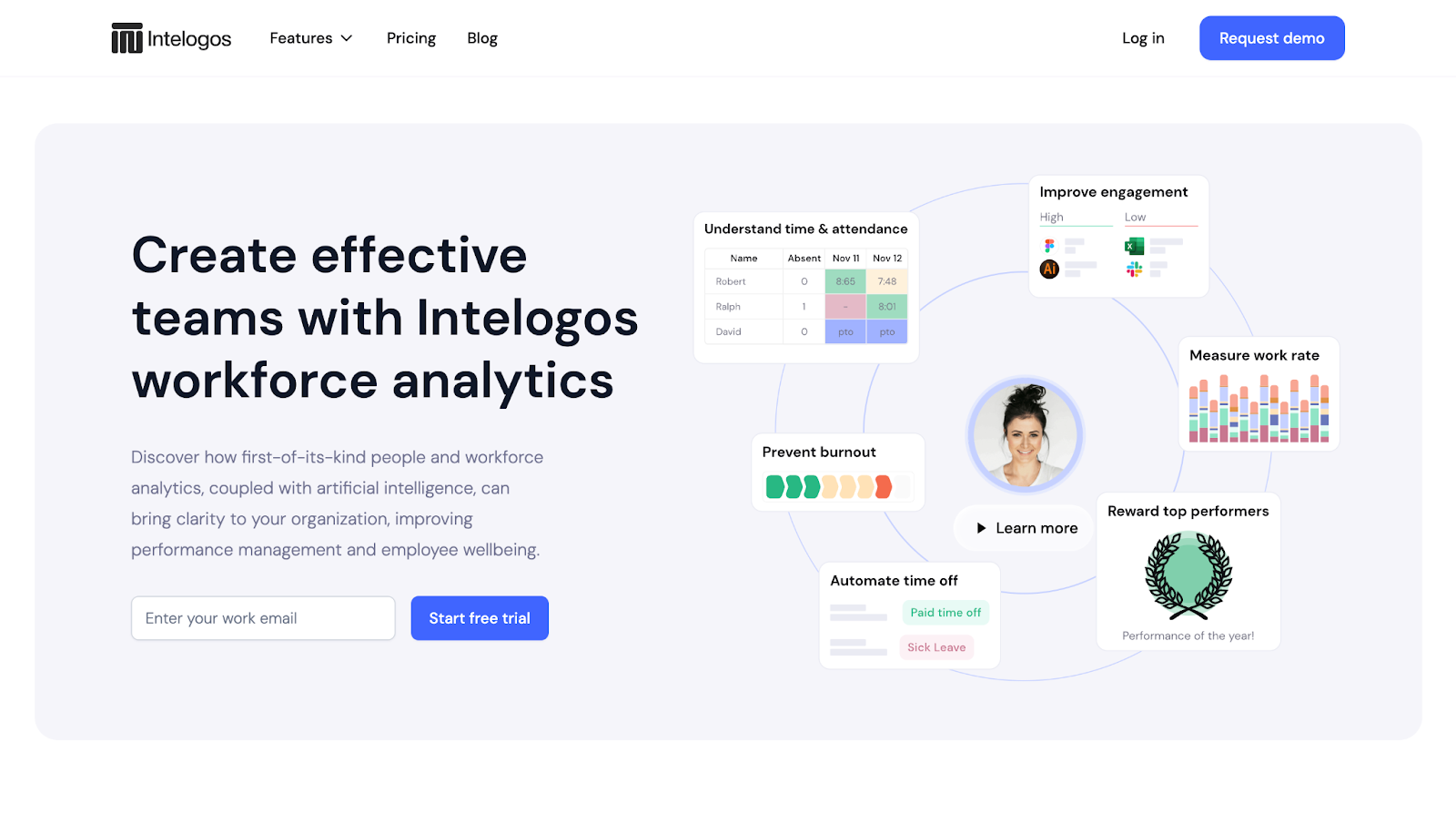 Intelogos’ website, with the CTA “Create effective teams with Intelogos workforce analytics.”