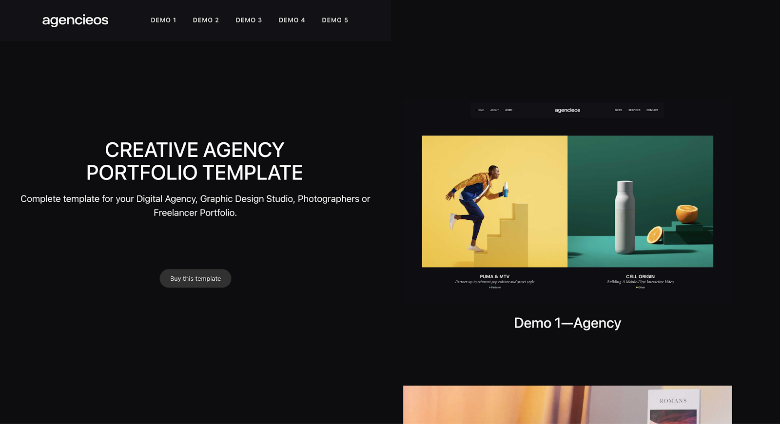 A black background with vibrant thumbnails on the right and the text “Creative Agency Portfolio Template” on the left.