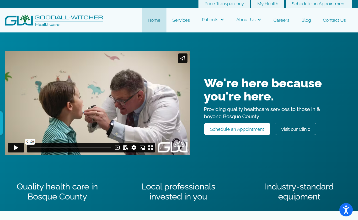 Goodall-Witcher Healthcare homepage showing accessibility icon in the bottom-right corner.
