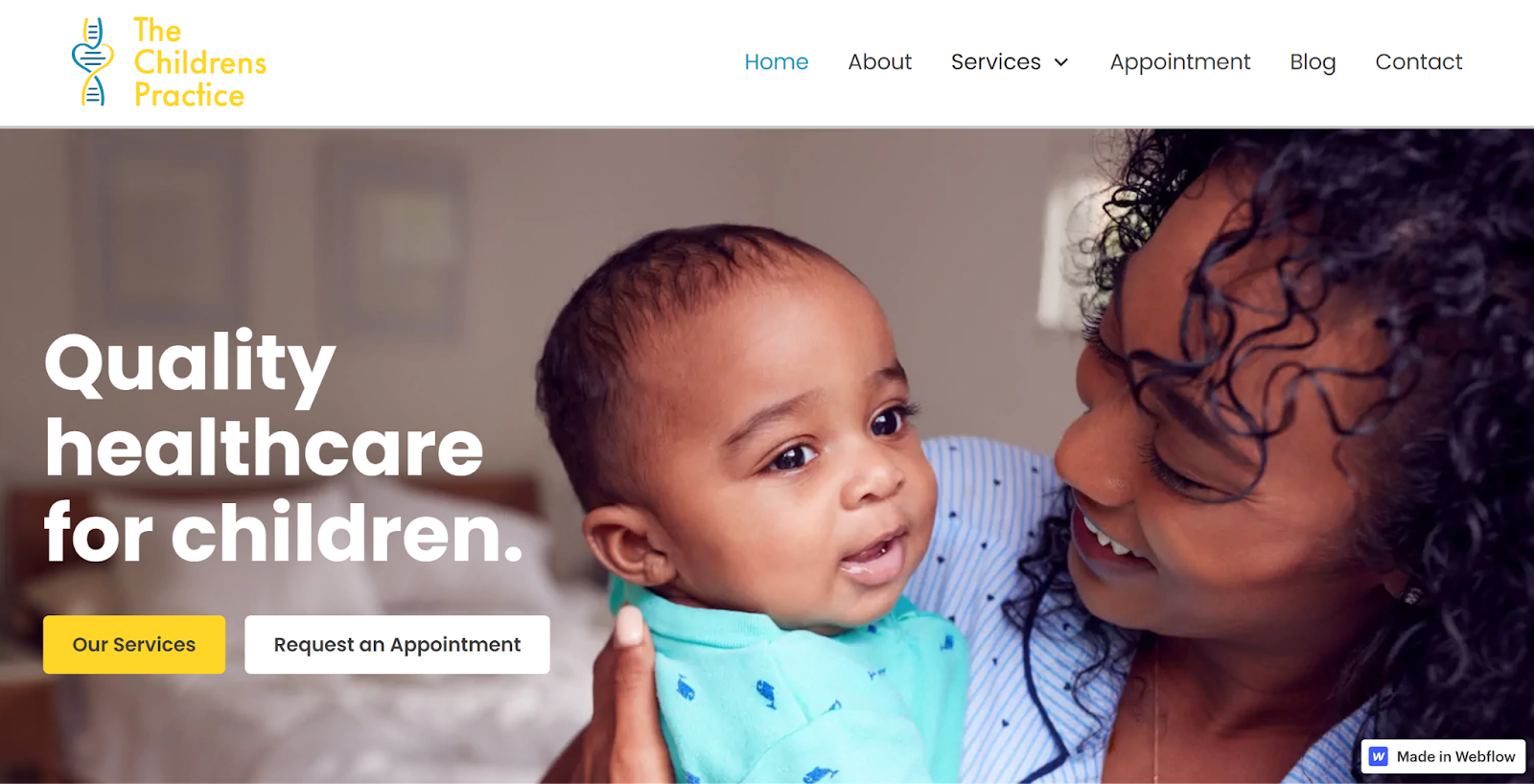 The Children’s Practice homepage with an image of a parent holding a baby.