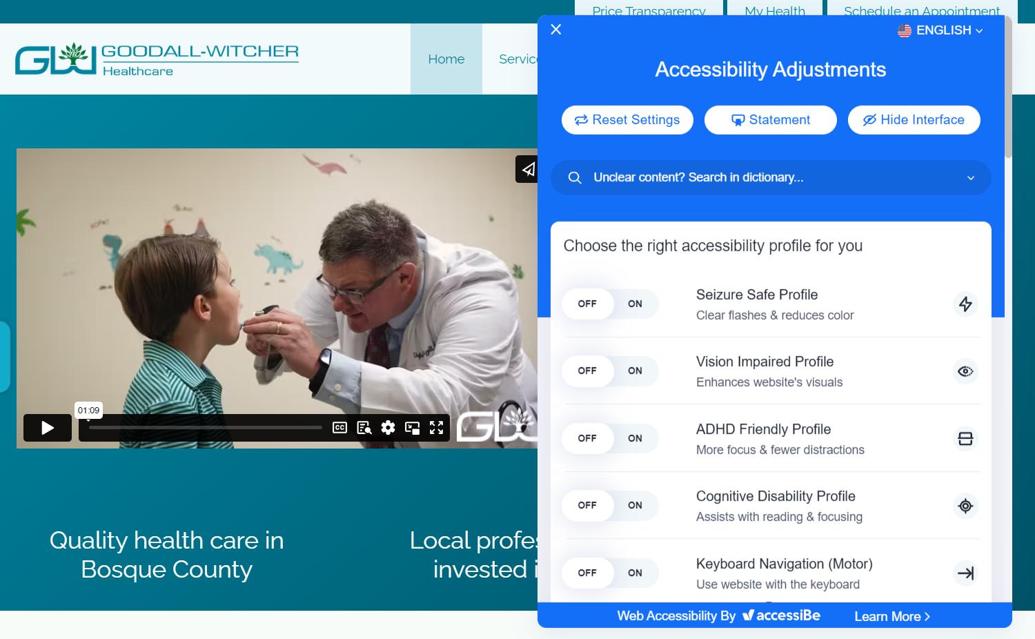 Goodall-Witcher Healthcare homepage showing expanded accessibility menu.