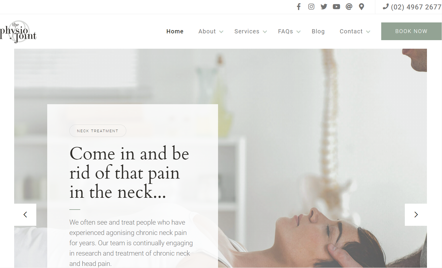 The Physio Joint webpage with a “pain in the neck” pun in the header.