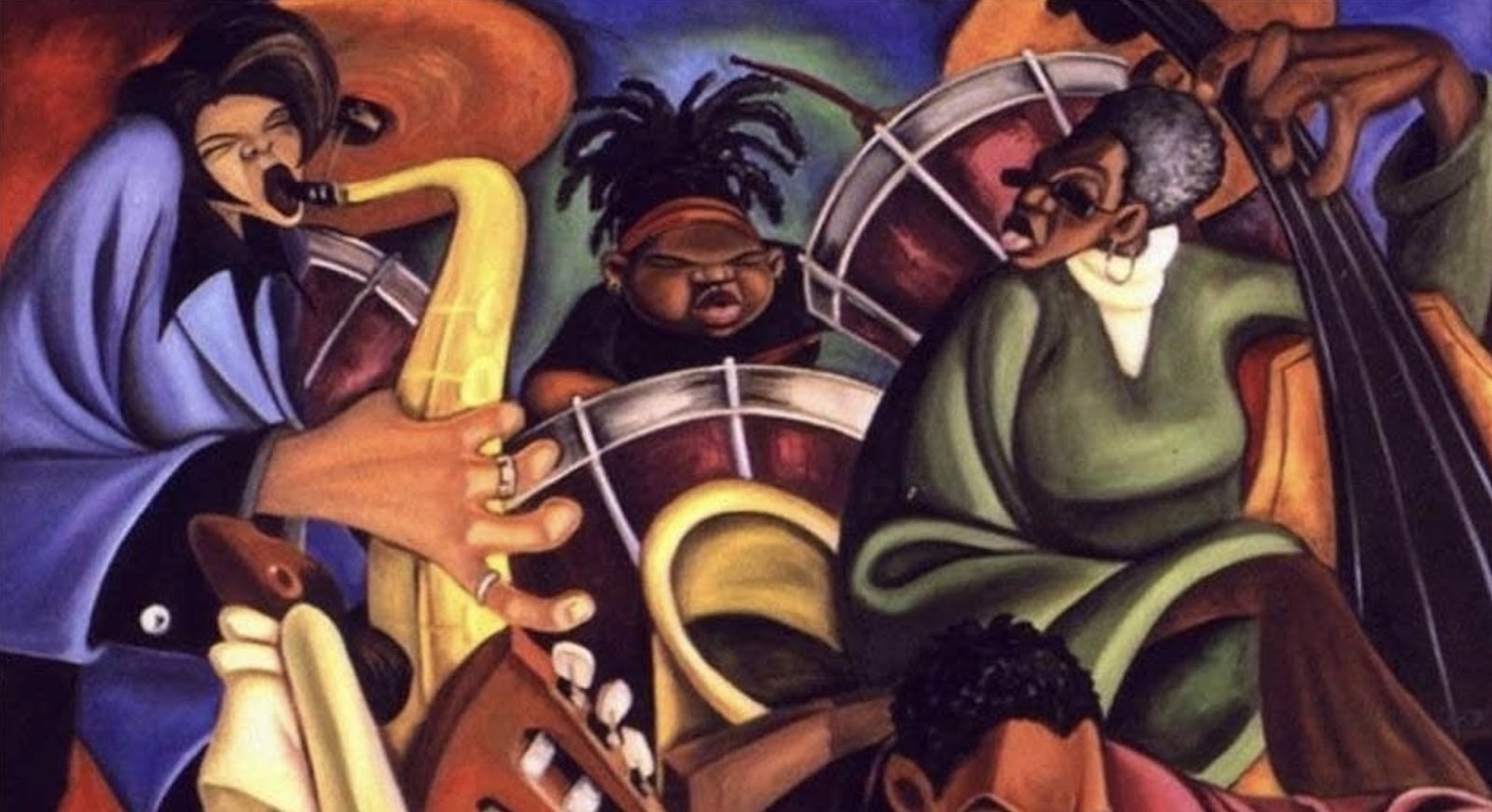 Visual artist and illustrator Cbabi Bayoc's artwork, titled "Reine Keis Quintet" depicting three Black musicians. The woman on the left is playing saxophone, the musician in the middle is playing drums, and the woman on the right is playing upright bass. All musicians seem deeply concentrated and have their eyes closed, and the art is in full color and distorts the dimensions of its subjects.