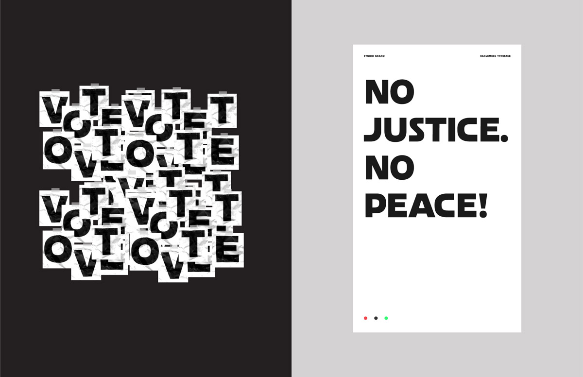 Two black and white examples of Jaamal Benjamin's typeface, Harlemecc. The left image is all black with various letters spelling "VOTE" illustrated on it, appearing to be taped piece of white paper. The left image is a plain white still that reads "NO JUSTICE. NO PEACE!" in black text.