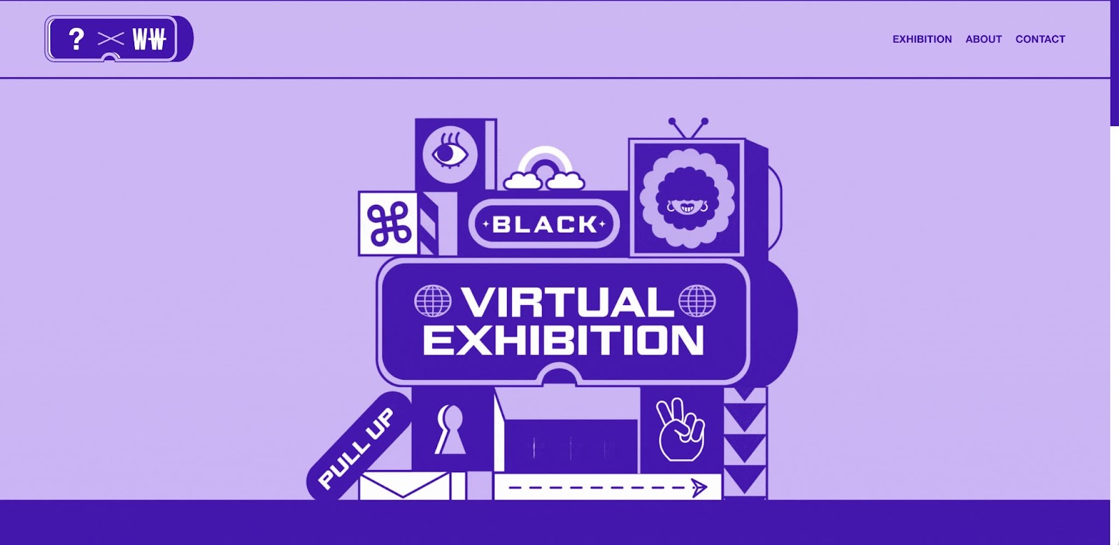 The purple homepage for the Black Virtual Exhibition depicting an illustration of TVs and screens stacked on top of each other displaying the project title.