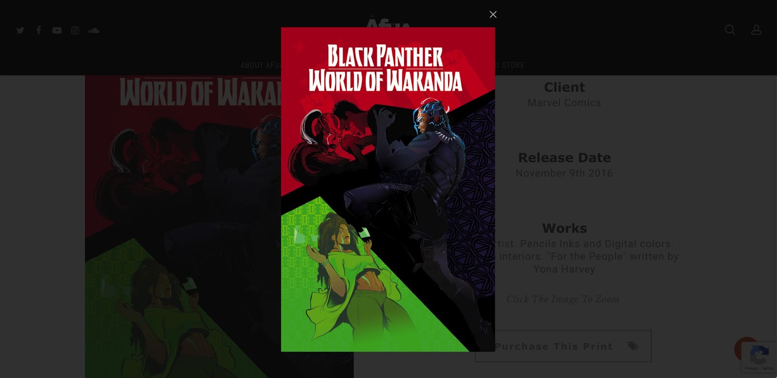 The comic book cover art for Black Panther: World of Wakanda. It features the Black Panther in fighting stance, as well as various Black character from the comic book on a geometric black, red, and green background.