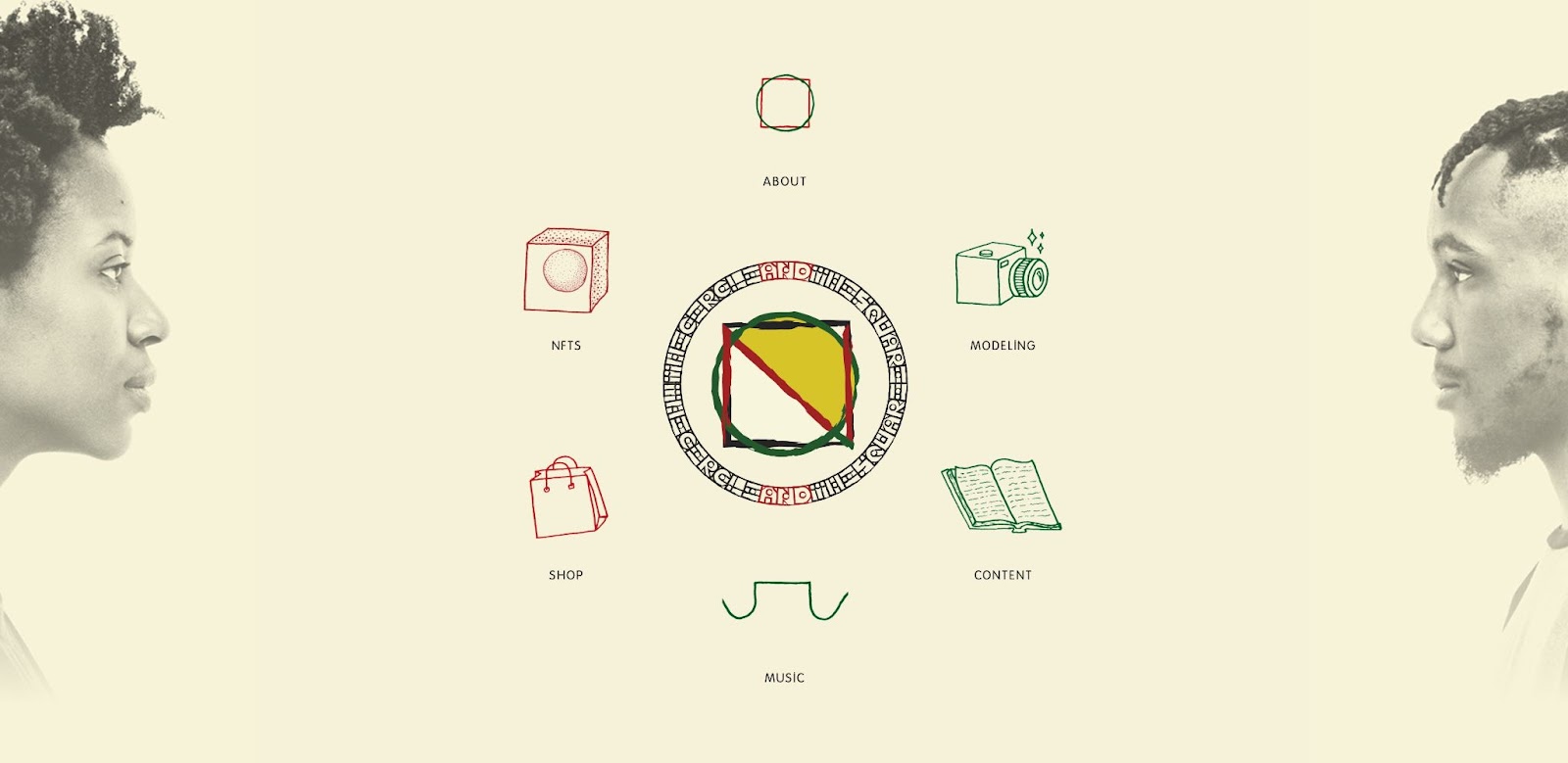 The homepage for The Circle & The Square. It's a butter yellow page featuring their logo – a circle in a square – in the center, and on opposing sides of the frame, images of the two founders are staring at each other. Surrounding the central logo are the various menu items, including "About," "NFTs," and "Shop."