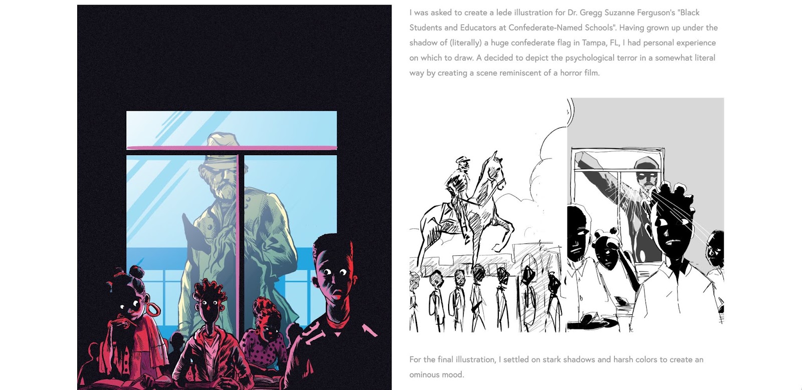 Two of Carlos Basabe's illustrations displayed side-by-side. The left despicts a room of Black children appearing frightened as a Confederate soldier on a horse watches them through a window. The right image displays a black and white sketch of an almost identical image, aswell as a sketch of a Confederate soldier riding by students in a line. 