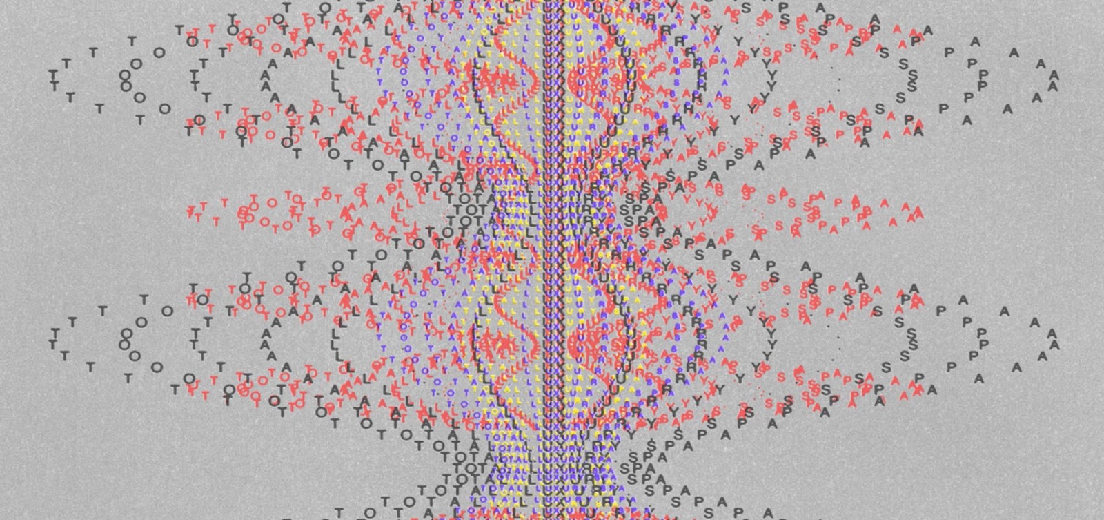 An advertisement by Hassan Rahim for Total Luxury Spa. It's a static grey image with a helix shaped-hourglass design made up of the letters in "Total Luxury Spa" in black, red, yellow, and blue.