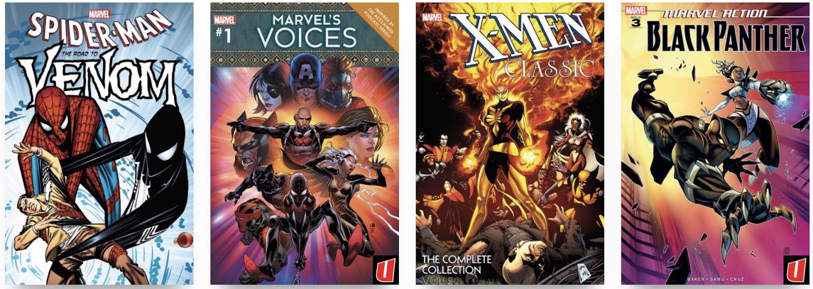 Four Marvel comic book covers done by Kyle Baker. The first is for Spider-Man, The Road to Venom, featuring Spider-Man fighting off an enemy and saving a civilian. The second is for Marvel's Voices and depicts various superheroes and villains in full color in a circle formation. The third is for X-Men Classic and features a fiery image with various superheroes and villains. The final is for Black Panther and features the Black Panther soaring through the sky.