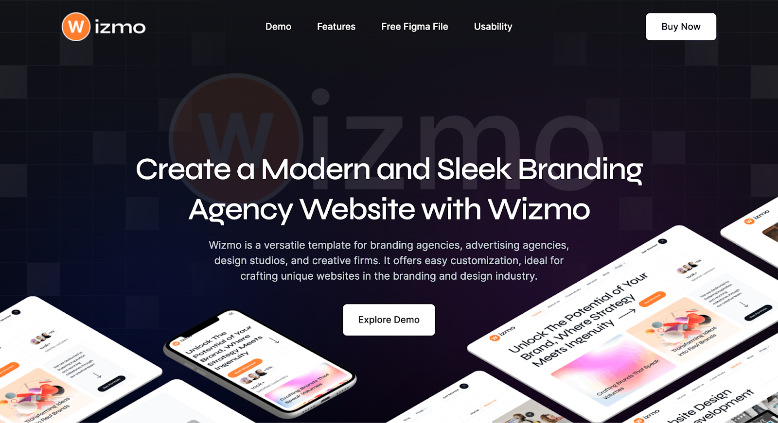 A dark background with mockup graphic designs of smartphones and tablets and the text “Create a Modern and Sleek Branding Agency Website with Wizmo.”