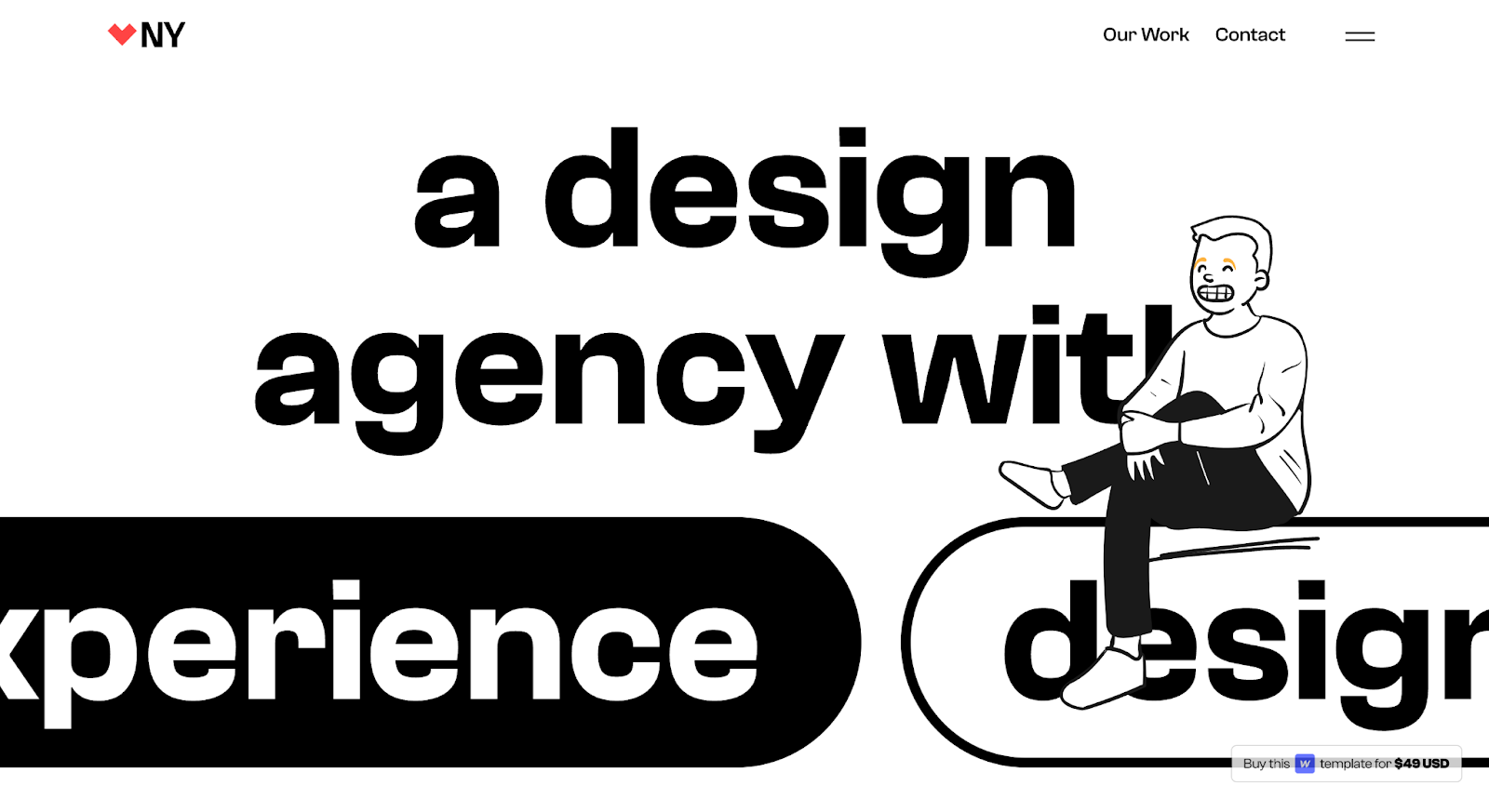 A mostly monochromatic website layout with the text “a design agency with,” followed by text-filled buttons and an illustration of a person sitting.
