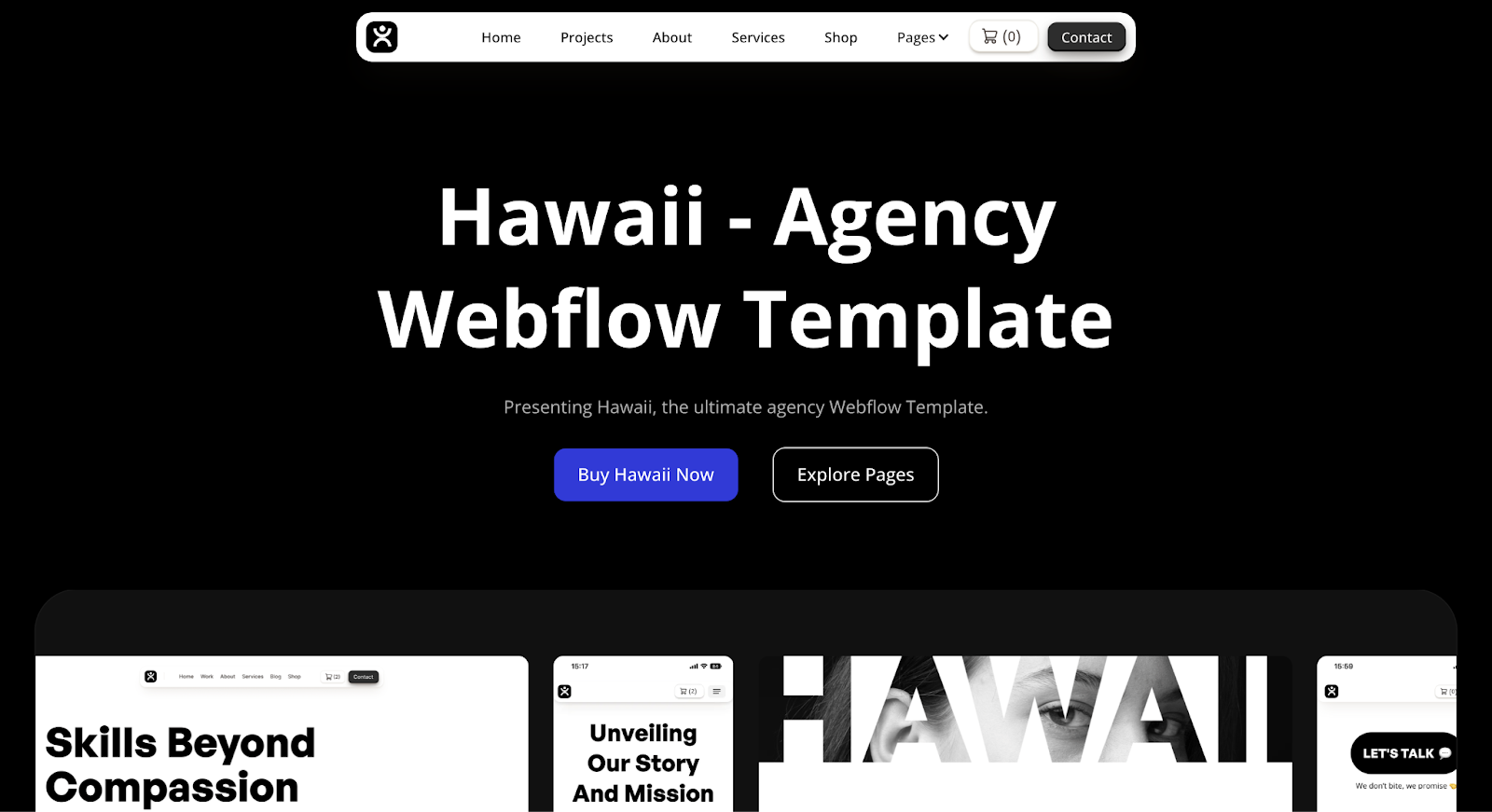 A mostly monochromatic website layout with the text “Hawaii — Agency Webflow Template” and two CTA buttons.