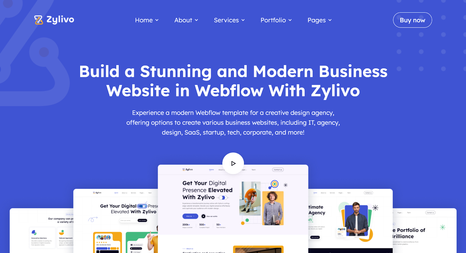 A purple background with popup UI cards, a play button, and the text “Build a Stunning and Modern Business Website in Webflow With Zylivo.”