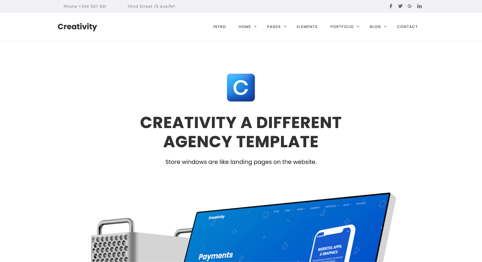 A website template with a plain white background and the text “Creativity A Different Agency Template.”
