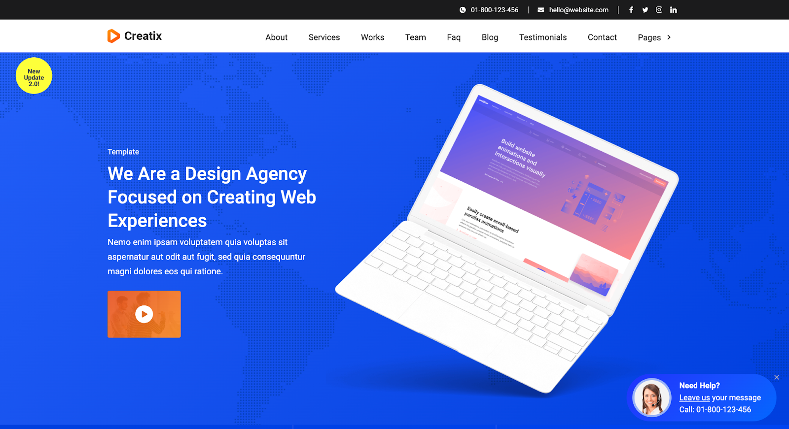 A mockup of a laptop against a blue background with the text “We Are a Design Agency Focused on Creating Web Experiences.”
