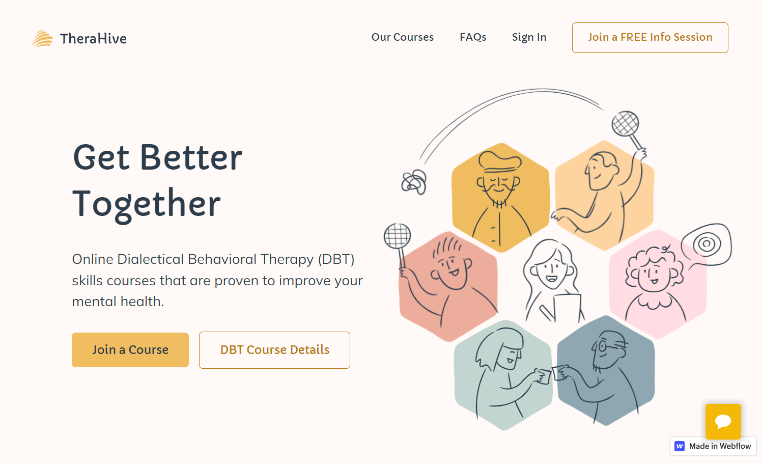 TheraHive homepage with text saying “Get Better Together.” On the right is a hand-drawn image of people playing badminton, talking, and interacting arranged in a hexagon.