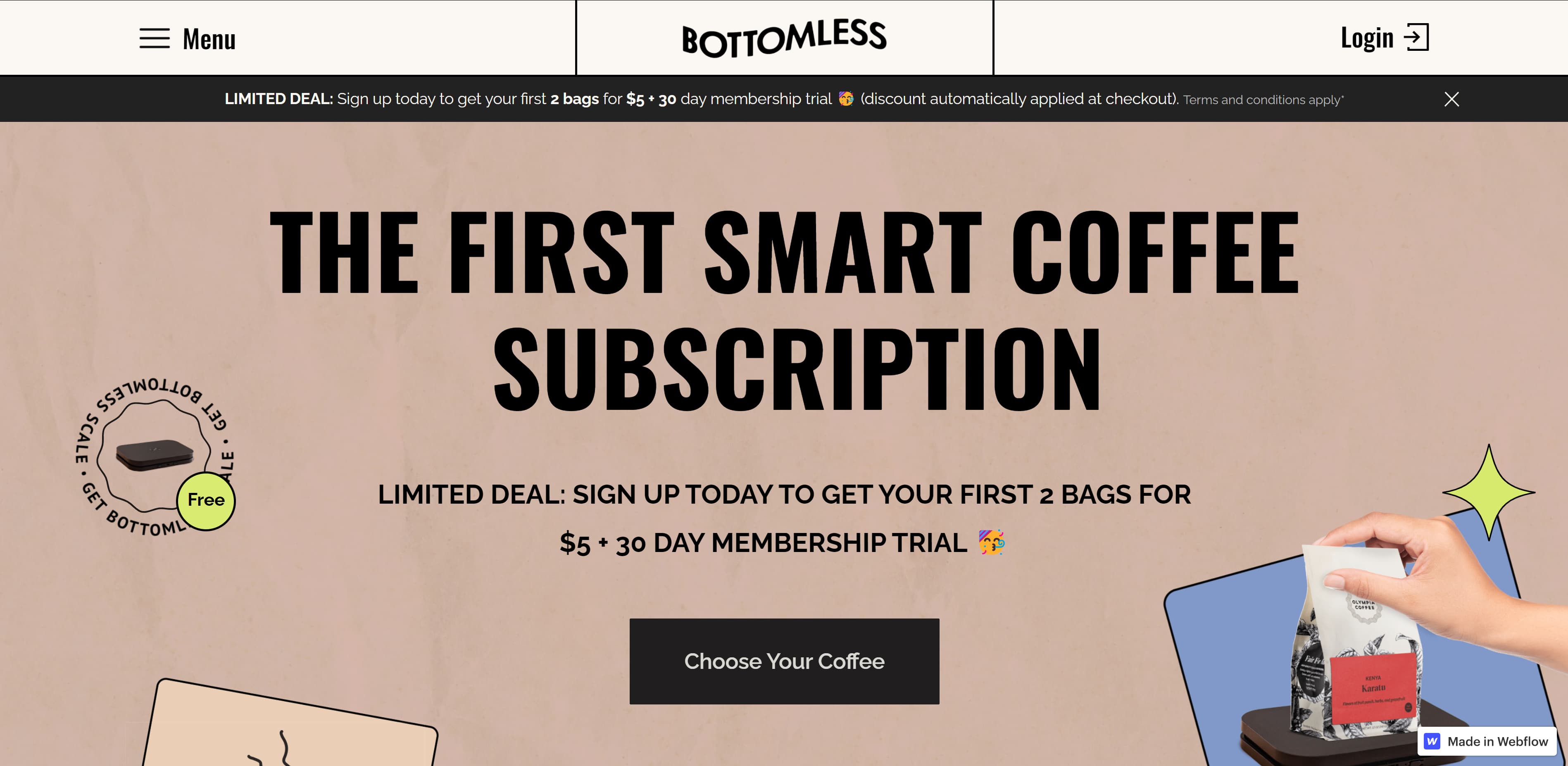 An image of Bottomless’ home page with brown color tones and a bold black heading reading, “THE FIRST SMART COFFEE SUBSCRIPTION” sandwiched between a limited deal offer and a CTA. The top-left corner shows a hamburger menu icon while the top-right corner invites the user to log in.